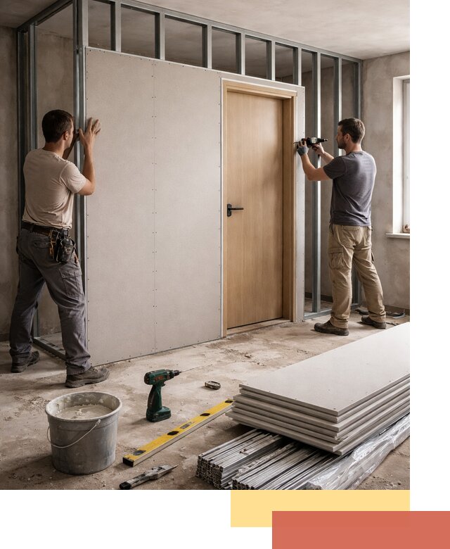 Перегородка из гипсокартона с дверью под ключ в Кореновске