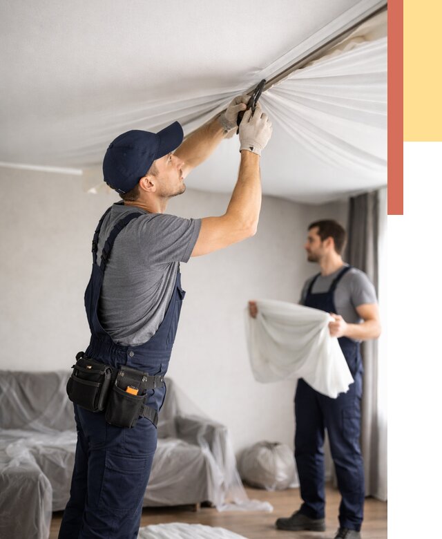 Демонтаж натяжного потолка в Кореновске от 4664 руб. — снятие и разбор под ключ | ОТДЕЛОЧНИК-Кнв