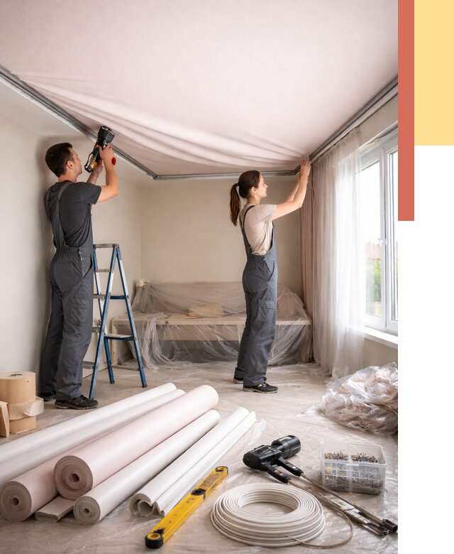 Монтаж цветного натяжного потолка в Кореновске от 4353 руб/м² — быстро и недорого | ОТДЕЛОЧНИК-Кнв