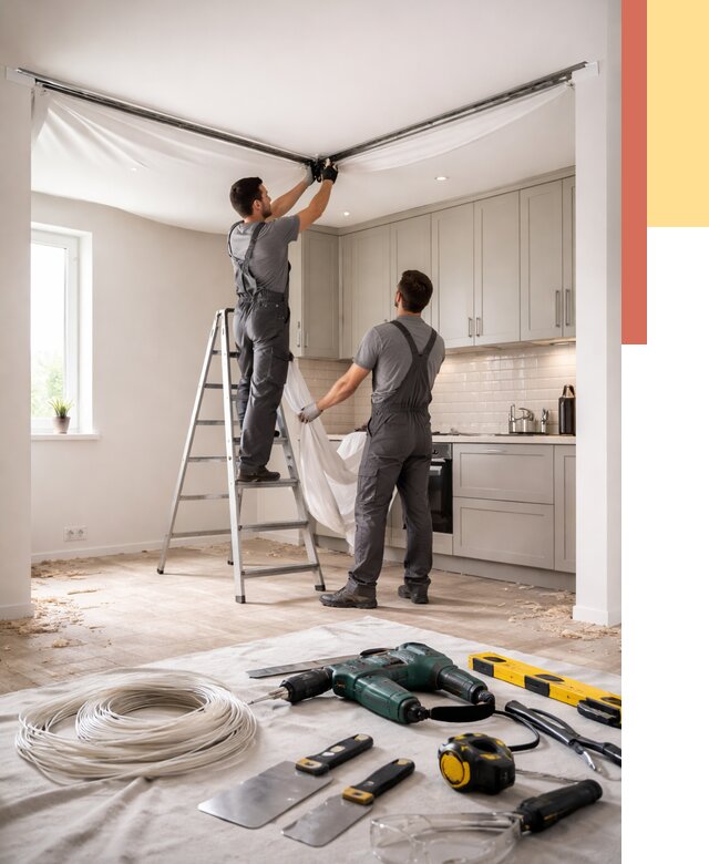 Установка натяжного потолка на кухне в Кореновске от 2487 руб. | ОТДЕЛОЧНИК-Кнв