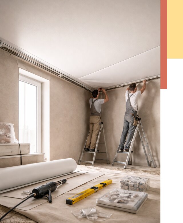 Монтаж натяжного потолка в спальне в Кореновске от 3938 руб. под ключ | ОТДЕЛОЧНИК-Кнв