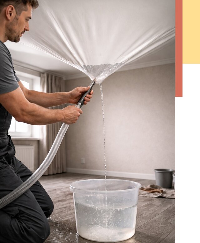 Слив воды с натяжного потолка в Кореновске от 2591 руб. быстро и недорого | ОТДЕЛОЧНИК-Кнв